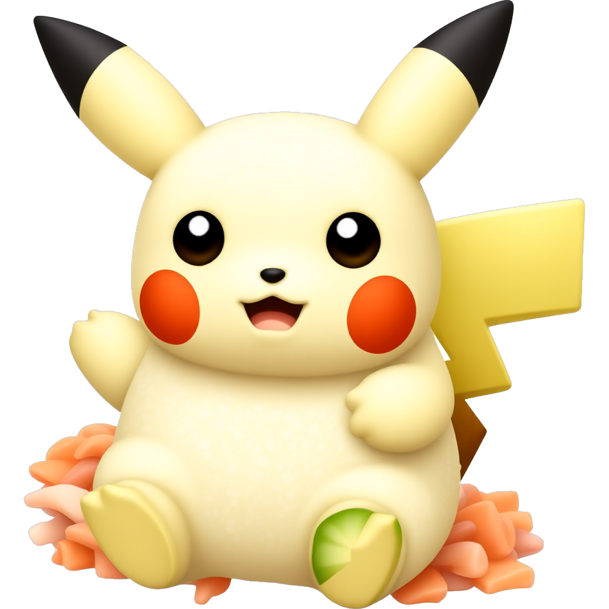 SushiPika: A delightful Pikachu crafted from colorful sushi rice, with crispy seaweed ears, avocado cheeks, and a sprinkle of sesame seeds for sparkles. A zesty lemon slice forms the tail, while tiny cucumber slices shape the lightning bolt design. All served on a vibrant plate of sashimi! π£β‘πΎ