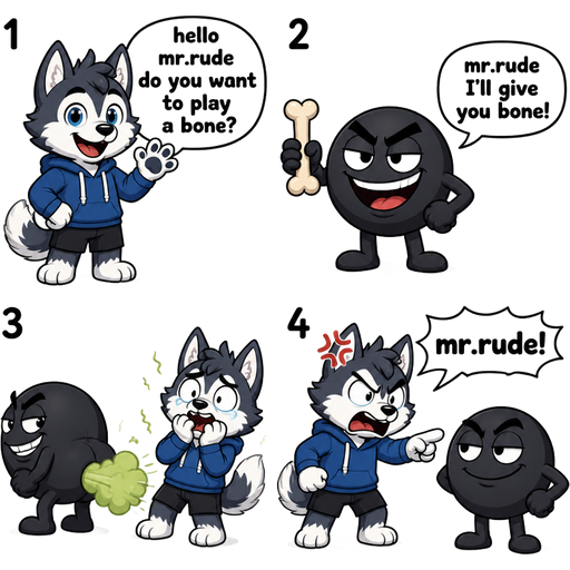 1 anthro husky boy hello mr.rude do you want to play a bone? 2 mr.rude I'll give you bone! 3 mr.rude farts on anthro husky boy
4 anthro husky boy mr.rude!