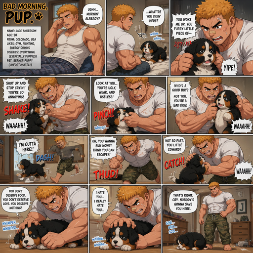 A Full page Anime Comic book story about of a Bulky ANIME Cute Bara Man American 20 year old with a ROUND and BASIC facial structure and Young Adult BARA CUTE that is Peach Toned skin not anything else MALE not to detailed With bigger than average Pecs that are visible through the shirt and Biceps and a big Bandaid on his nose and Left Cheek and Right Eye brow with Scars all over his Chest and arms. Wearing a White baggy shirt and jeans that is tight around the waist and Baggy Camo Cargo pants drenched in sweat and Short and yellowish orange Hair and Bright Gold Fluffy Hair and Strait with brown eyes and black eyebrows with a Three finger Slash on his Eyebrow. With no Facial Hair. Waking up in the morning in pajamas and his pet Bernese mountain Dog Puppy but Excessively bully’s it and the dog cries and cries and tries to run away but catches him and Excessively bully’s him