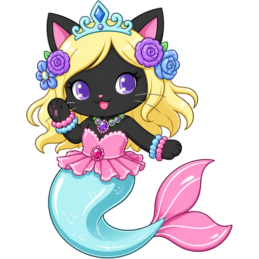 black cat with light yellow hair purple and blue flowers light cyan crown purple and green necklace pink and blue bracelets pink dress attached to long light cyan mermaid tail with white highlights with pink tail fins with white highlights ( based on Garnet (Jewelpet)