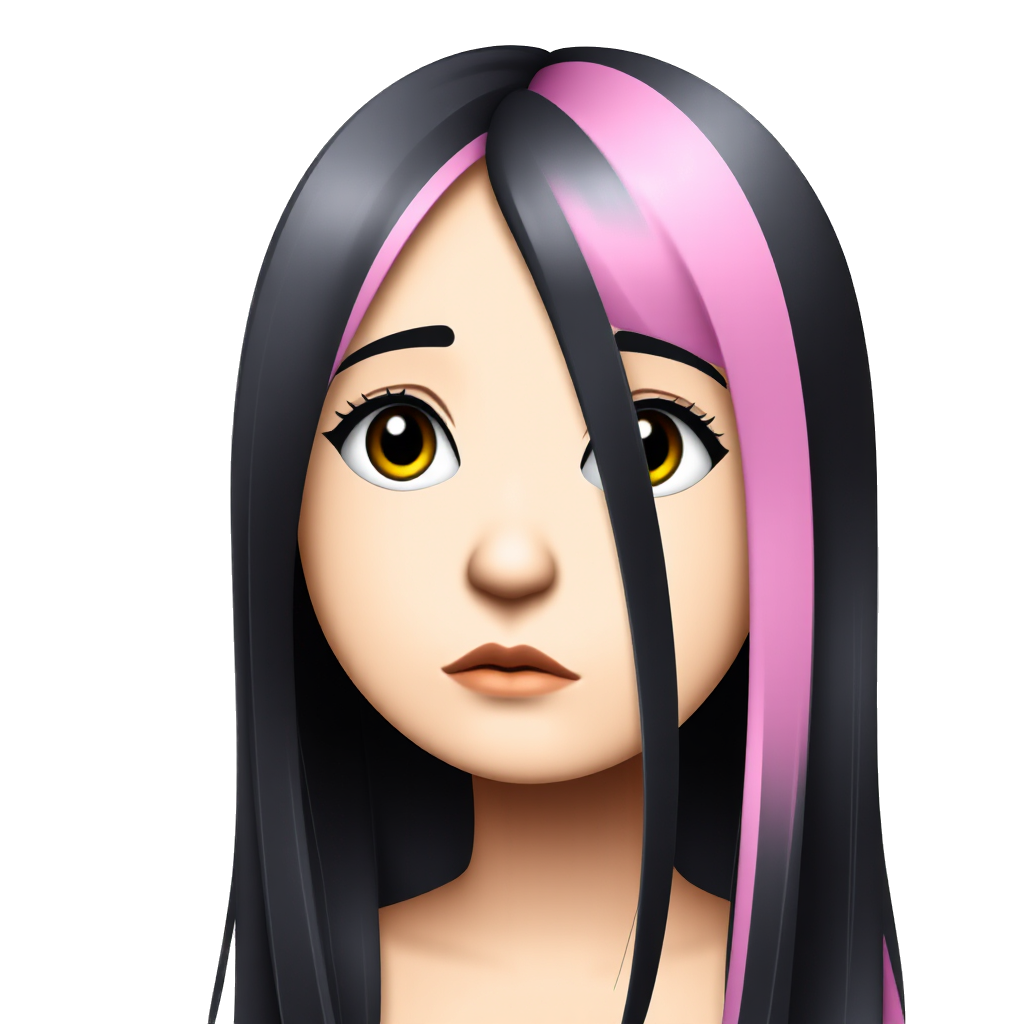 Girl with pink and black long split hair , nose ring, big eyelashes, brown lips, pale skin looking sad