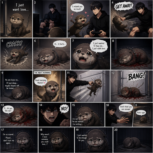 A comic book Picture by picture and shows impact of a A baby otter that is connected to a pole and went to his male Cute and Handsome wearing a Black Hoodie and Shorts owner who was playing video games on he couch in his house to go and the otter tries to hug him but the otter was pushed away flys to floor and cracks. And the otter doesn’t get up and the otter talks about how it just wants love. And then the otter goes to the pole he’s connected to and sleeps crying and then the next morning he greets his owner and the the owner throws him at the fridge and then he lays there with Red all on him and the otter asks his owner weakly do you like me and then he yells no then the otter finally gets it. And his owner tries to do more but the otter escapes to his pen and then the owner said that’s right. And the otter is so scared in his pen