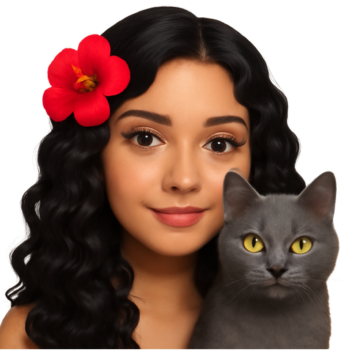 A really pretty Girl with Long black curls and have some Long lashes and a flower in her hair and she are with a gray cat with yellow eyes