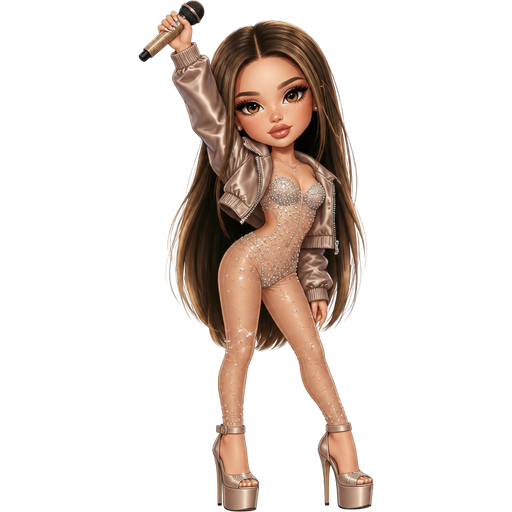 semi-realistic soft cartoon luxury glam, mini plush Bratz-doll aesthetic, cinematic glow, crisp clean detail, glossy glam skin. brown eyed Petite 5ft girl, fair skin with soft freckles, wide face with tall forehead, honey-brown almond wide-set upturned eyes, fluttery lashes, shimmer highlight, plush lips, bottom heavy lip, sweet Belle-princess vibe, long straight brunette hair with visible caramel highlights, wearing a shimmering nude-toned illusion bodysuit with rhinestones, a cropped satin jacket and platform heels, holding a microphone overhead while performing in a fierce glamorous stance