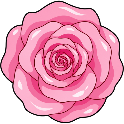 ghibli style | pink single rose | birds eye view | no leaves | isolated birds-eye-view | ghibli style | vector-cartoon | glossy cel-shading | bold smooth black outlines