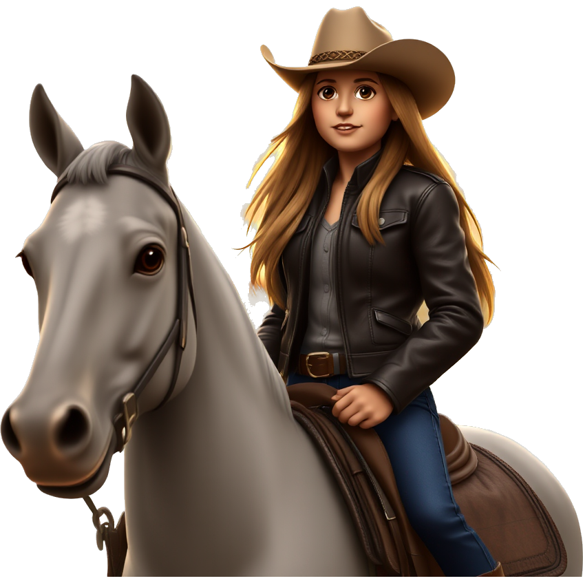 "Girl in a cowgirl hat and leather jacket, riding a horse under a sunset, vibrant and dreamy atmosphere."