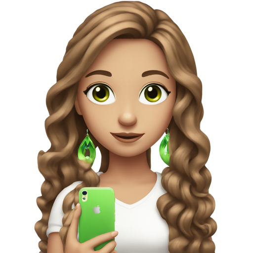 A Girl with Brown Long hair and green eyes with Long lashes and a White top and in her hand Is a pink phone Ear rings