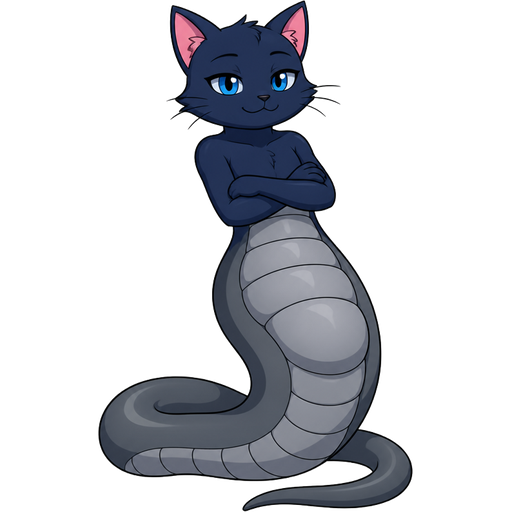 Upper Body: A dark blue, simplified cartoon cat with matching dark blue arms.Facial Features: Light blue or bright blue eyes, pink ears, and sometimes simple whiskers Lower Body: A long, segmented grey snake (naga) body The "Bulge" Feature: In the specific sub-genre of art this character belongs to, the grey snake body is commonly drawn with large, rounded lump This visual represents a swallowed human moving down the stomach line.