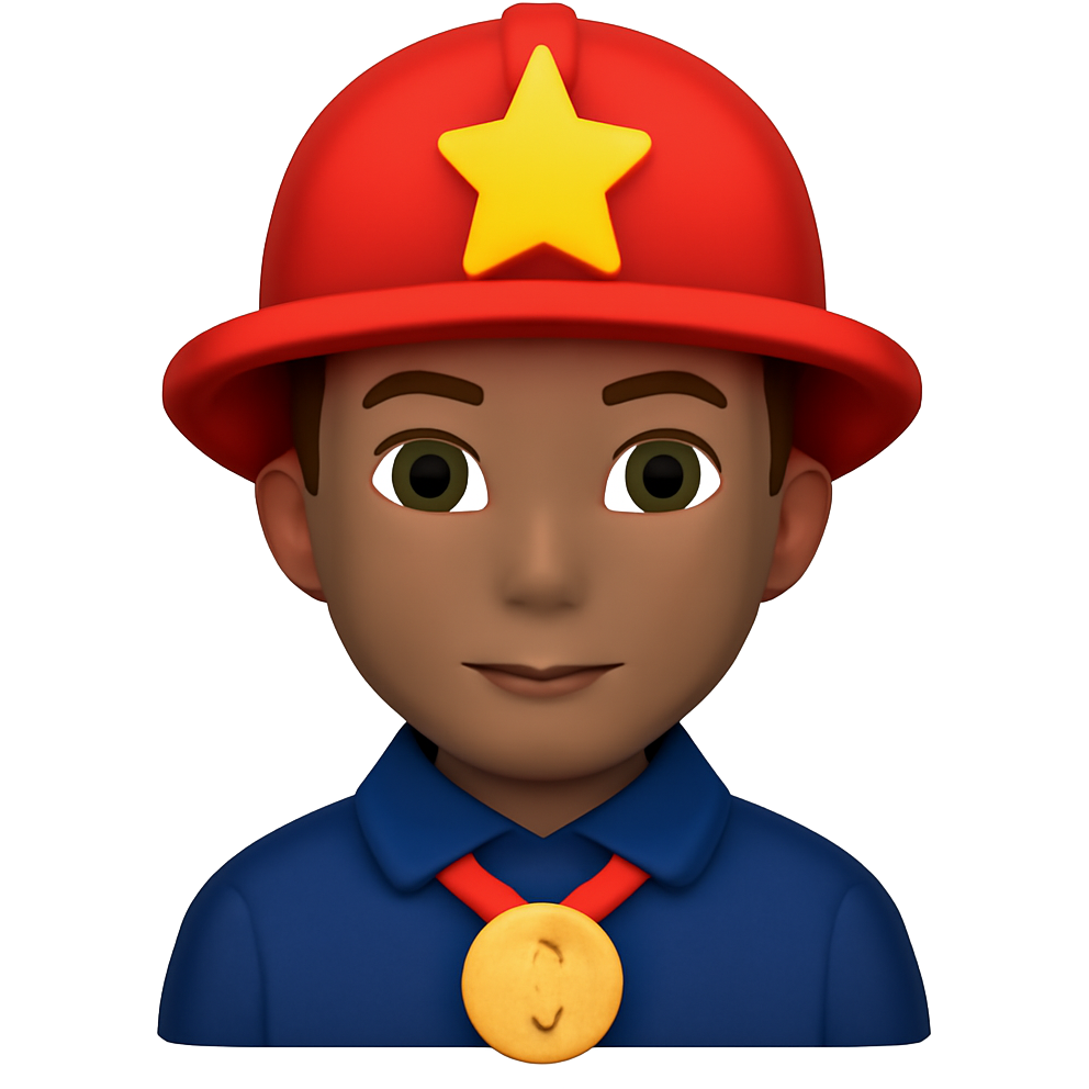 No tan moreno, ojos oscuros Uniforme azul oscuro, con el 1 en la medalla y rasgos faciales más finos 🧑🏾🚒⭐️🥇