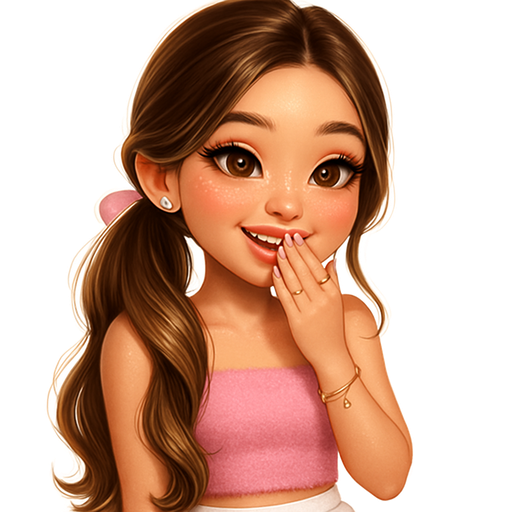 luxury glossy bratz-anime romantic aesthetic, warm cinematic glow, crisp clean detail, glossy glam skin. petite girl, soft-autumn tone, fair skin, honey-brown almond eyes, soft freckles, sweet Belle-princess vibe, very long brunette honey balayage hair with visible light honey blonde highlights, pink fuzzy tube top + white tennis mini, mood: playful brat fake-innocent giggle, hair: low pony over shoulder with ribbon ends curled, makeup: glossy baby pink lips extra blush nose tip sparkle inner corner champagne shimmer, jewelry: sparkly studs charm bracelet thin gold stack rings, pop-princess energy, shimmer highlight, sparkly glow