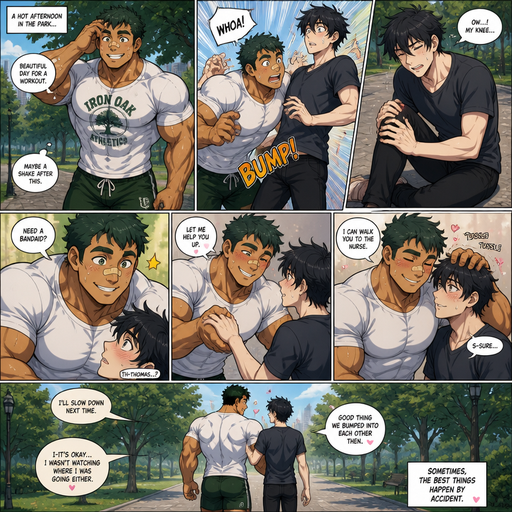 A Comic book story of a Bulky and muscular ANIME Cute Bara Man Who looks Normal and American with a round facial Structure and Basic facial structure With Big Pecs popping out of his shirt and Biceps and Bulky and Stocky body and Perfect Waist and Bandaid on his nose. Wearing a White athletic Shirt that has design on it and Shorts with Dark Green Hair. And His Crush Blake who is Skinny and Tall. Thomas Sweating And Walking around a Park but bumps into Blake hard and then Blake hurts his knee and Thomas says Need a Bandaid With a Hot and Cute smile. And then Blushes Pulls him up with his hand. And then Thomas Tussles his hair and says I can walk you to the nurse and Blake says sure and they both blush and walk away