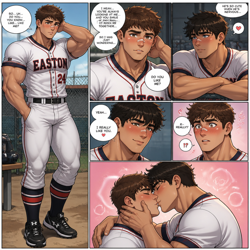 A Full Page Anime Comic Book Full Body view of a Bulky and Massive and but more Muscle ANIME CUTE Bara Teenager Who looks Normal and American with a Basic facial structure With PUFFY and BIG Pecs that are visible through the shirt and Biceps with a cut on his nose and Perfect Waist. Wearing a Baseball Jersey. Questioning his male crush while his crush watches him and blushing when he sees him. And they kissed