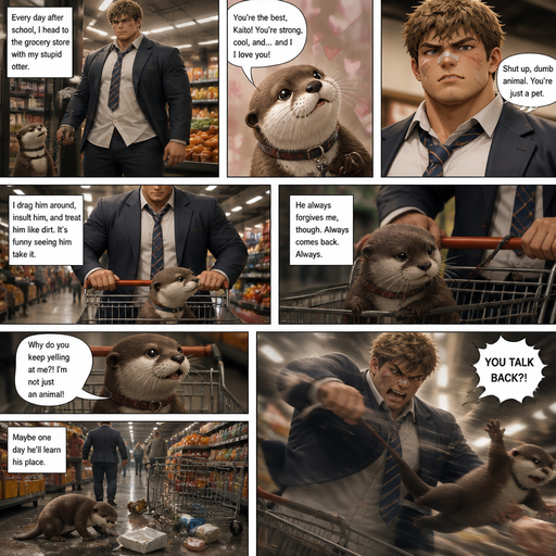 A Lifelike and Detailed Comic book story about of a Bulky and Beefy and every Muscle is bigger than average and less shredded or muscular with Chunky and Bulky chest and Biceps and his defined abs ANIME Cute Bara Man American 20 year old with a ROUND and BASIC facial structure and Young Adult BARA CUTE that is Peach Toned skin not anything else MALE not to detailed With bigger than average Pecs that are visible through the shirt and Biceps but slim and Athletic Lower body that makes have a V-Tapper Lower Body and a big Bandaid on his nose and Left Cheek and Right Eye brow with Scars all over his Chest and arms. Wearing a no piercings Wearing a baggy School Uniform and tie with Blazar and Pants and yellowish Brown Hair and Bright Light Brown fluffy Hair and Strait with brown eyes and black eyebrows with a Three finger Slash on his Eyebrow. With no Facial Hair. Coming home from School with his Pet Otter that has a Collar and has a Huge Crush on him but he doesn’t like the otter back, at the grocery store with the leash tied to the cart ans excessively Bullies it all day. And he the otter always gets disciples. And the otter one day talked back to him at the grocery store and the otter is throw at the cart and a the cart falls