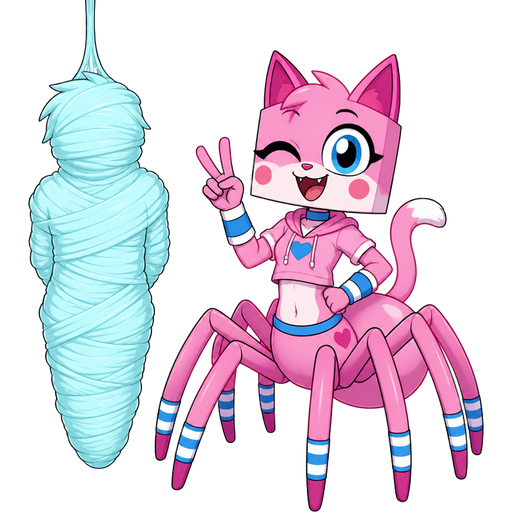 wrapped up and mummified fully covered in a #B8FFFF spider slik cocoon shaped like boy arms behind back with #B8FFFF spider slik wrappings completely covered with thick layers non-transparent #B8FFFF spider slik wrappings silken prison hanging on ceiling on left side next to a happy anthro femboy pink cat anthro drider hybrid doing victory sign smiling based on unikitty