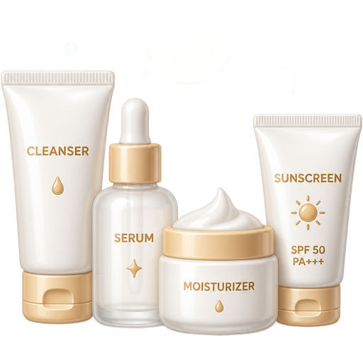 A cute morning skincare routine icon featuring a facial cleanser, serum bottle, moisturizer jar, sunscreen tube, a small golden sun, sparkling water droplets, and tiny sparkles, glossy 3D emoji style, clean minimal aesthetic, white and beige color palette, centered composition, transparent background, no people. glossy 3D emoji style, clean minimal aesthetic, white and beige color palette, centered composition, transparent background, no people.