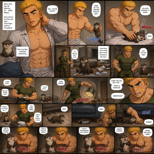 A very lifelike and Detailed Full page Anime Comic book story about of a Bulky ANIME Cute Bara Man American 20 year old with a ROUND and BASIC facial structure and Young Adult BARA CUTE that is Peach Toned skin not anything else MALE not to detailed With bigger than average Pecs that are visible through the shirt and Biceps and a big Bandaid on his nose and Left Cheek and Right Eye brow with Scars all over his Chest and arms. Wearing a Tight Military Green Top that is tight around the waist and Baggy Camo Cargo pants drenched in sweat and Short and yellowish orange Hair and Bright Gold Fluffy Hair and Strait with brown eyes and black eyebrows with a Three finger Slash on his Eyebrow. With no Facial Hair. Waking up in the morning in pajamas and his pet otter but Excessively bully’s it. And when he comes back from work he sees the otter right we’re he left him with trash around him and made a mess. He makes dinner and the Otter doesn’t even eat dinner and cries. And he Tips lamp over and Every food the otter doesn’t eat there are is discipline. and asks for some and the looses a tail and tries to run under the couch but stops him. And the otter Receives Discipline that.