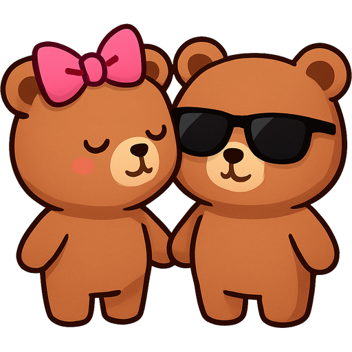 two cute brown bears standing where the girl is wearing a pink bow and kissing the other on the cheek. make the other bear wearing black sunglasses