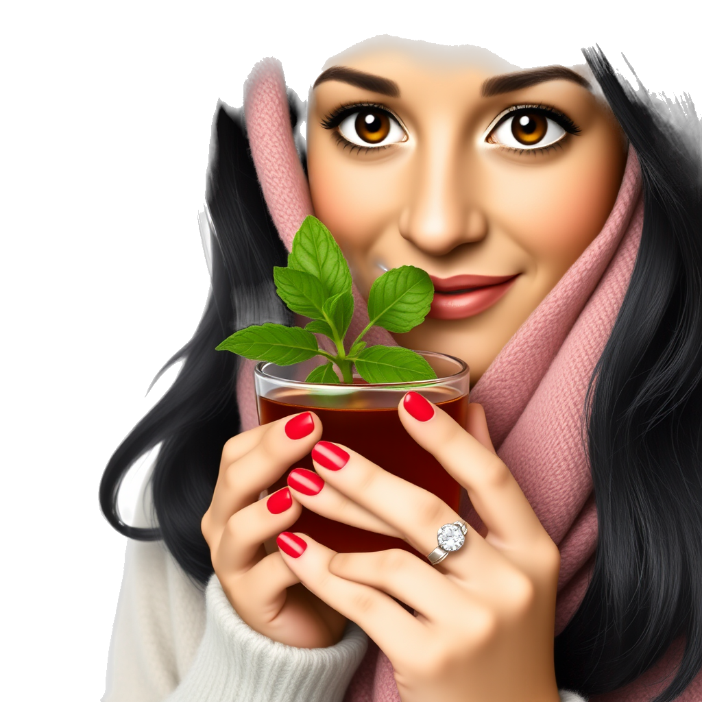 Tan Woman with black hair wear dusty pink and brown Burberry scarf around her hair and drinking a red tea with mint with red nails and diamond ring