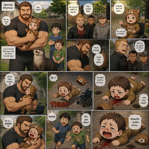 A DETAILED AND LIFELIKE LONG Anime Comic Book story view of a Bulky but Muscular ANIME Cute Bara Man With Peach toned skin Who looks Normal aind round facial Structure and Basic facial structure With Puffy and Big Pecs that are visible through the shirt and Biceps and Bandaid on his nose and Brown short hair that makes them look tough and A Bear on his Chin and Jaw. Wearing normal With his pet Grown and healthy realistic otter and 2 little brothers that are in different ages but young.In the backyard And the baby with his cute Bear clothes and hat and he picks the little baby from his Wheelchair and The baby and he loves calling him bubba but the baby tries to reason with the bullies that came to him through the gate and with the bully and one day the baby flew out of his chair from and red comes from his nose and stains his shirt and is all on the ground including his hat and it cried