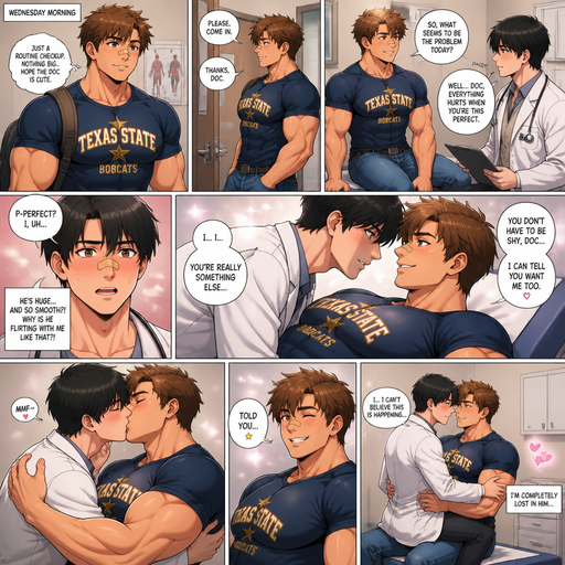 A Very Detailed ANIME comic book story of a Beefy and Bulky and Huge Beefy Pecs and Biceps an Muscularly above average High schooler but Muscular and the Perfect and Slim waist Non-Stocky Build and ANIME Cute Bara Cowboys with Peach toned skin Who looks Normal 20 year old American with a round facial Structure and A Non-detailed Face and Facial Structure and ROUND and BASIC facial structure and No Facial Hair With Puffy and Big Pecs that are visible through the shirt and Biceps and Bandaid on his nose. And wearing a College spirit shirt and goes to the doctor and and flirts looking Dreamy and cute and licking his Teeth. And makes his male doctor blush cause of how perfect he is. And his Male doctor leans over him sitting on the bed and He Kisses him and he smiles and winks at the doctor and the doctor sits on his lap