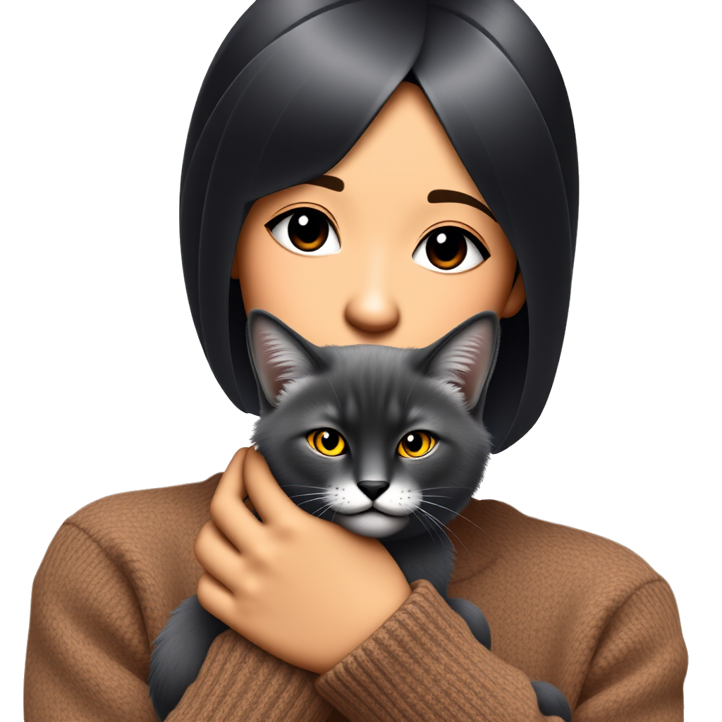 19yo girl, bronze-sand-tan skin tone, black to the shoulder length hair , black fox eyes, holding a cat., wearing brown sweater