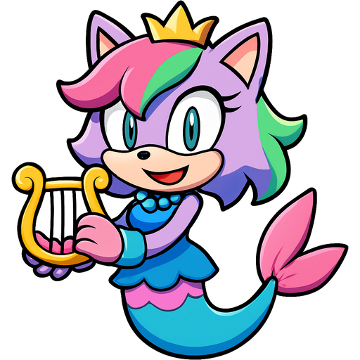 sonic x style version light purple anthro cat smiling with pink and green and yellow hair blue green eyes golden crown with light purple necklace light cyan braclets cyan and blue dress with pink skirt attached to long cyan mermaid tail with pink tail fins pink and cyan gloves holding a golden harp from sonic x style version emoji, artistic style