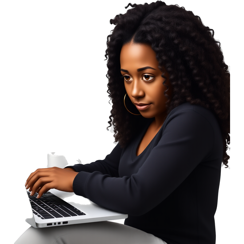 "Dark-skinned woman with long curly hair, brown eyes, immersed in work on a laptop, warm aesthetic vibes."