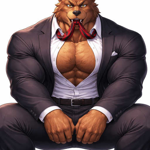 A Full BODY and FACE of a Muscular and Buff and a Gigantically Muscular with Chunky Gigantic Pecs AND biceps and a BIGGER head with the Perfect Waist. VERY Masculine and handsome Anime Bara Furry Grizzly Bear with a Very Good-looking and Mature Face and brown eyes with a wrestler type body. Wearing a Button up Shirt and Suit. With his tie in his mouth. With his hands betwewn his legs