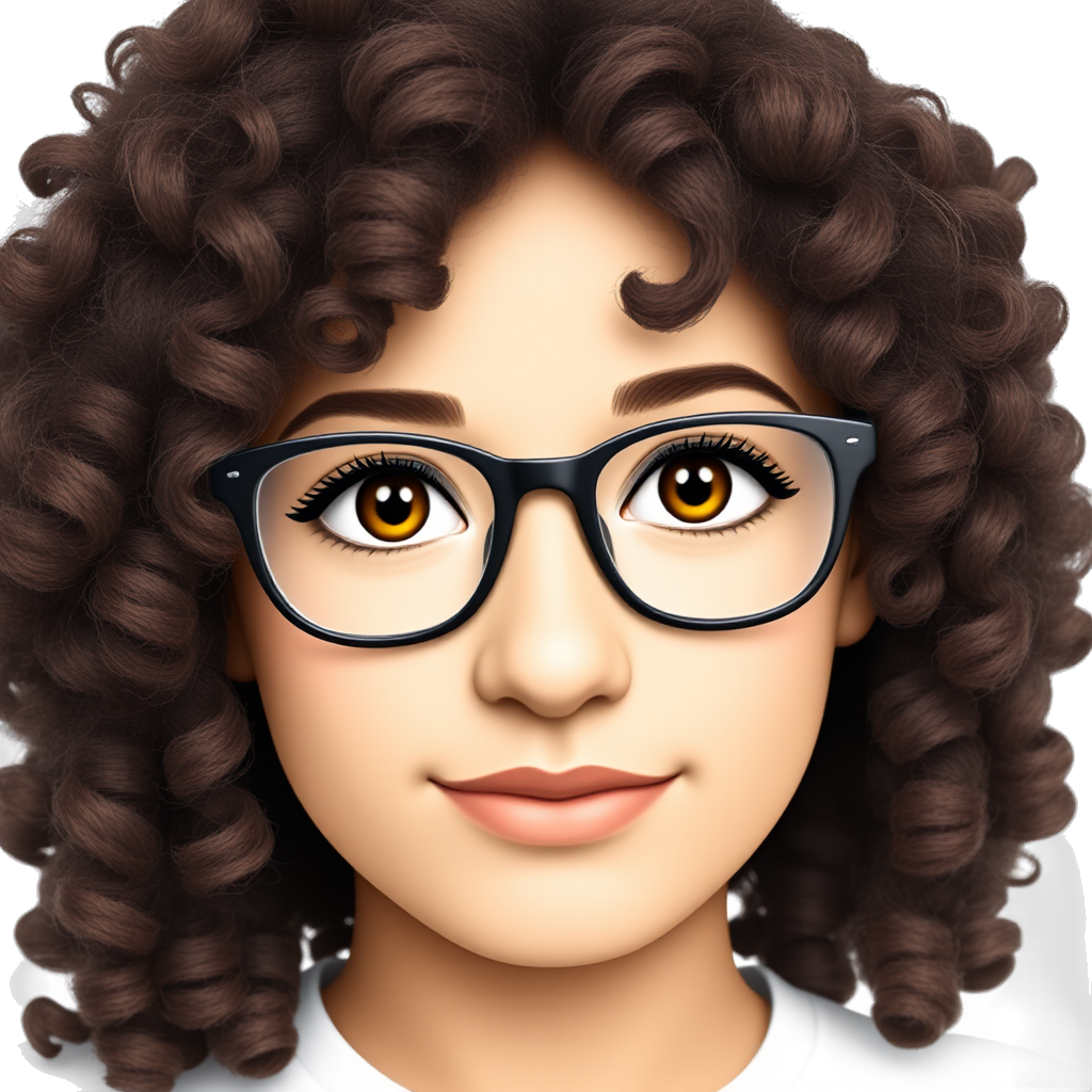 pretty hispanic girl with curly hair, eyeliner makeup and long lashes. Also a button type nose and low large glasses