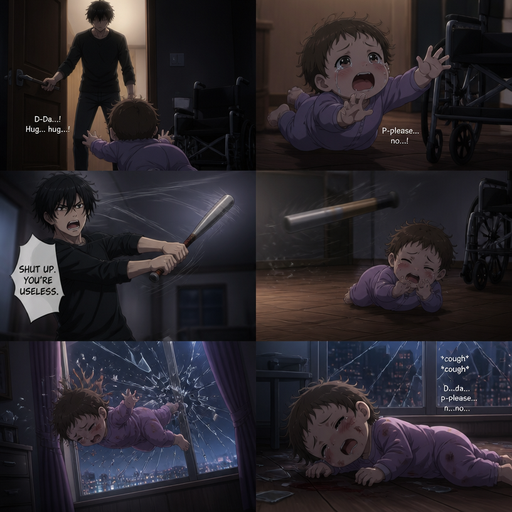 He opens the door and the baby crawls to him wanting a hug and doesn’t know how to speak well in a wheelchair. Then a bat is flung and he misses The the baby flinches and begs not to but he doesn’t listen and the baby flys and hits the window and lays there and coughs