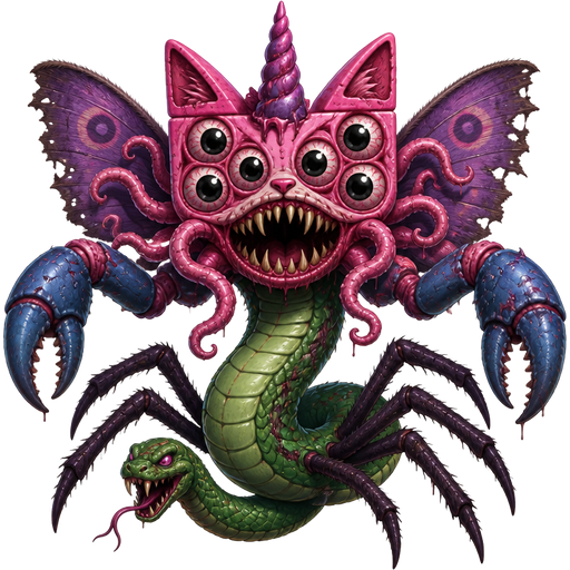 mutant unikitty with eight eyes and pink tentacles blue crab like pinchers for hands purple moth wings green snake body with spider legs