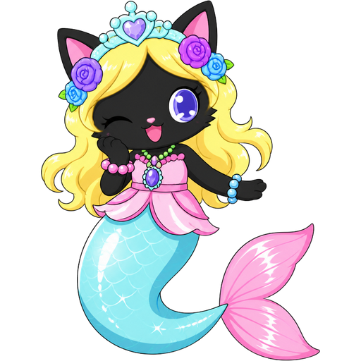 black cat with light yellow hair purple and blue flowers light cyan crown purple and green necklace pink and blue bracelets pink dress attached to long light cyan mermaid tail with white highlights with pink tail fins with white highlights ( based on Garnet (Jewelpet)