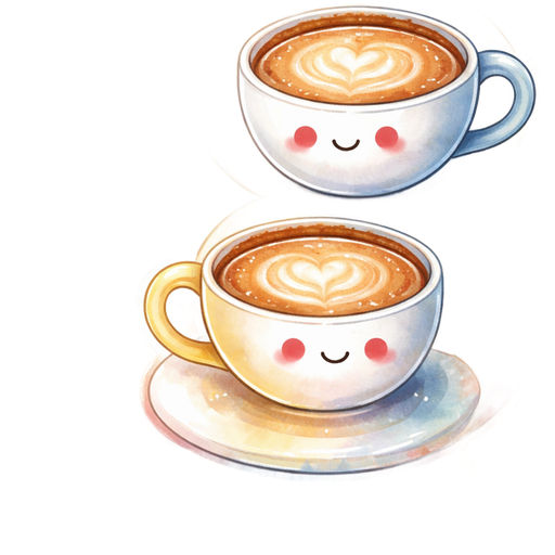 цифра 8 в виде эмоджи, из чашек кофе ☕️ и солнечных лучей 🌞, мило, мультяшный стиль, яркие цвета, векторная графика"
