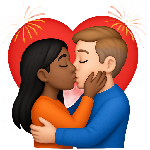 A girl with slightly dark skin and black hair is kissing his boyfriend with tons of love, the boy is white skin is hazzrl color hair closer to blond hair, with few some gray areas on the side of his head . She is kissing with a super hot kiss the boy. She is in love with him. Both of them are hugging and kissing eachorger in the mouth very hot, she has black and long hair and hazel eye color, the boy hugs his girlfriend and her hand is on his cheek, and his hands are on her back, the boy is a little bigger and dressing in blue, the girl is dressing in orange , and they have both eyes closed.and I need to add on the background a red super big heart indicating that they love each other very much, and show something like fireworks indicating like there are so much quemestry between them