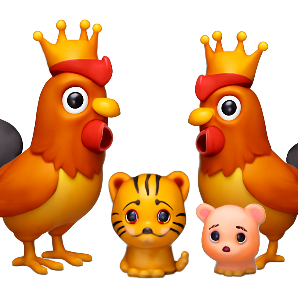 Two giant cute roosters both wearing crowns stansing next to a tiny cute sad tiger and a tiny cute sad pig