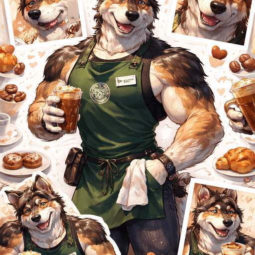 A Full Body and Facial Wallpaper of a Hunky and Chunky a Very Hot and Handsome German Shepard mixed with a Sheep dog bara furry who is a Barista and Extremely muscular but not to muscular and Extremely Masculine and Handsome and Ginormous Arms and a Rounded Pecs very Short Strait Hair but tall and a little bit lean. Wearing A Coffee Worker Gear. Blushing