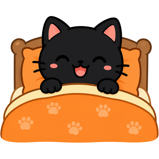 A black cat smiling in orange bed, with words “good morning” above! sparkles around, the image should be similar to mochi cat, the writing must be easy to see not faded