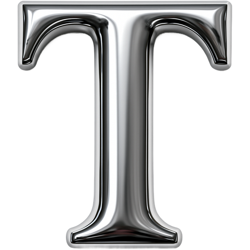 High shine chrome Capital T in serif font. Strong top left light source, medium pillow inflation, high contrast reflection, soft bevel fully rounded