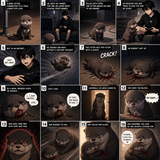 A comic book Picture by picture and shows impact of a A baby otter that is connected to a pole and went to his male Cute and Handsome wearing a Black Hoodie and Shorts owner who was playing video games on he couch in his house to go and the otter tries to hug him but the otter was pushed away flys to floor and cracks. And the otter doesn’t get up and the otter talks about how it just wants love and the mom comes in and looks at the otter and sees red all over his mouth and she comes and comforts him