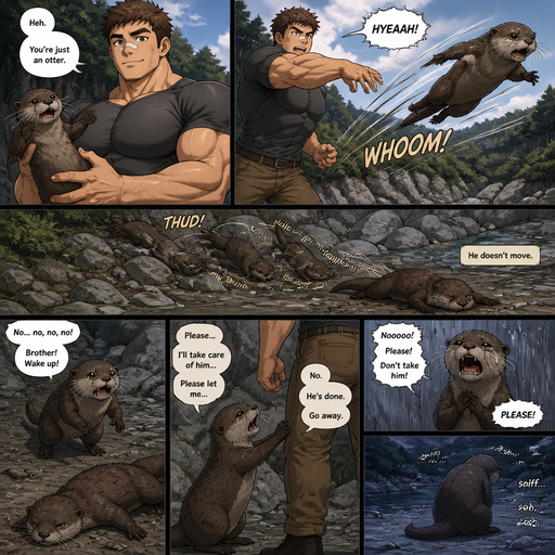 A DETAILED AND LIFELIKE ANIME Comic Book story view of a Bulky but Muscular ANIME Cute Bara Man With Peach toned skin Who looks Normal aind round facial Structure and Basic facial structure With Puffy and Big Pecs that are visible through the shirt and Biceps and Bandaid on his nose and Brown short hair. Wearing normal clothes. An otter and then he throws it at a rock, and it rolls down rocks and lays there unable to move. And the otter’s twin comes and the otter’s twin Try’s to take him and Fix him but the human don’t let him and the otter twin begs. And the otter’s twin cries when he is taken away and sits there broken