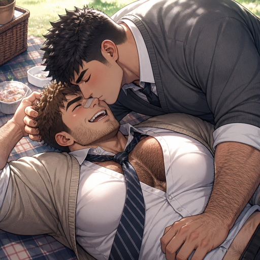 A REALISTIC AND LIFELIKE Comic book Story of a Bulky but Muscular ANIME Cute Bara Man With Peach toned skin Who looks Normal and a huge and Masculine round facial Structure and Basic facial structure With Puffy and Big Pecs that are visible through the shirt and Biceps and Bandaid on his nose and Brown Spiky hair and His Hair Curls At the tip of strands and FLUFFY HAIR. Wearing a white shirt and sweater with pants a Tie and Rolled up sleeves and has a HAIRY MANLY body and Small stubble beard. with his boyfriend and they look perfect and He so happy heS gorgouses and the boyfriend kisses at the Picnin while pinning him