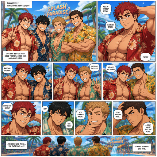 A Full page Anime Comic with nothing cringy and cheesy book story about of a Bulky and not shredded but slim ANIME Cute Bara Man American 20 year old with a ROUND and BASIC facial structure and Young Adult BARA CUTE that is Peach Toned skin not anything else MALE not to detailed With, Bulkier, beefier than average Pecs that pull up the shirts waist that are visible through the shirt and his Biceps tighten the Sleeves and are Gigantically muscular and a big Bandaid on his nose and A V-Shaped body Cause his arch’s over. Wearing a Baggy unbuttoned Hawaiian shirt and Jeans and Short and Bright with Scarlet red and Dark red Fluffy Hair and Strait with brown eyes and black eyebrows with a Three finger Slash on his Eyebrow an very slim waist and Very Slim lower body but huge upper body that’s v-shaped. With no Facial Hair. At a Waterpark and with his guy masculine friends all wearing a Hawaiian shirt posing for a shoot at a waterpark And they take photos that make them Hot and attractive and Dreamy faces toward the camera and pose in 2s.