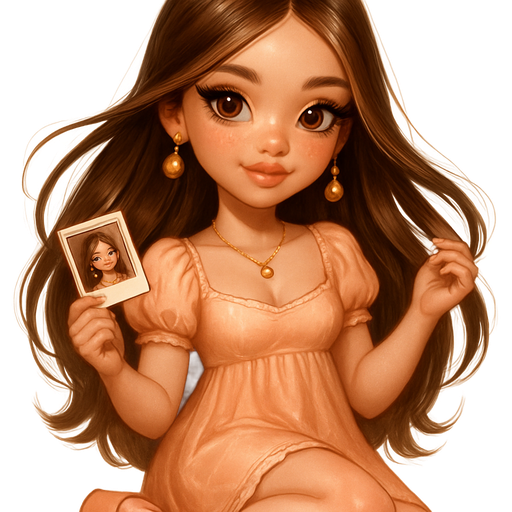 honey brown eyes and light honey highlights in hair, luxury glossy bratz anime-romantic aesthetic, warm cinematic glow, crisp clean detail, glossy glam skin. petite girl, soft-autumn tone, fair skin, honey-brown almond eyes, soft freckles, round, full moderate bust, chubby upper arms, sweet Belle-princess vibe, long brunette honey balayage hair with visible light blonde highlights, straight sleek with face pieces, peach silk baby-doll dress, lace socks, peach platform heels; peaches-and-cream glow, juicy lips, fluffy lashes; gold fruit charms; twirling hair taking Polaroid , pop-princess energy, shimmer highlight, sparkly glow