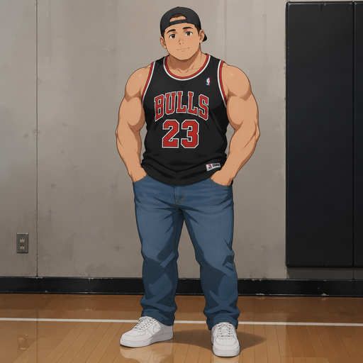 A Real life Full Body view of a Stubby but Muscular Bulky ANIME Man Who looks Normal and American with a round facial Structure and Basic facial structure. Wearing a Tight Basketball Jersey and Baseball hat backwards and Jeans.