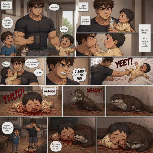 A DETAILED AND LIFELIKE LONG Anime Comic Book story view of a Bulky but Muscular ANIME Cute Bara Man With Peach toned skin Who looks Normal aind round facial Structure and Basic facial structure With Puffy and Big Pecs that are visible through the shirt and Biceps and Bandaid on his nose and Brown short hair that makes them look tough. Wearing normal With his pet Grown and healthy realistic otter and 2 little brothers that are in different ages but young. he hates the baby but not the other brother and the baby flies to the floor from him, and red comes from the baby’s nose and all around the floor with cute pajamas and the baby knows he doesn’t like him. and the otter gets sad, but the otter flies to the wall too from him and lays there and weakly crawl to the baby and they lay together