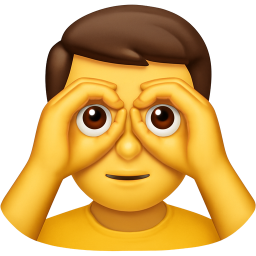 man pretending to use binoculars with his hands and arms, make it look not so not weird, like a normal emoji, also make his mouth closed and look normal