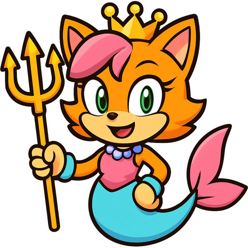 orange cat vixen hybrid smiling with pink hair green eyes golden crown with light purple necklace light cyan braclets pink dress with pink skirt attached to cyan mermaid tail with pink tail fins holding a golden trident sonic x version emoji, artistic style