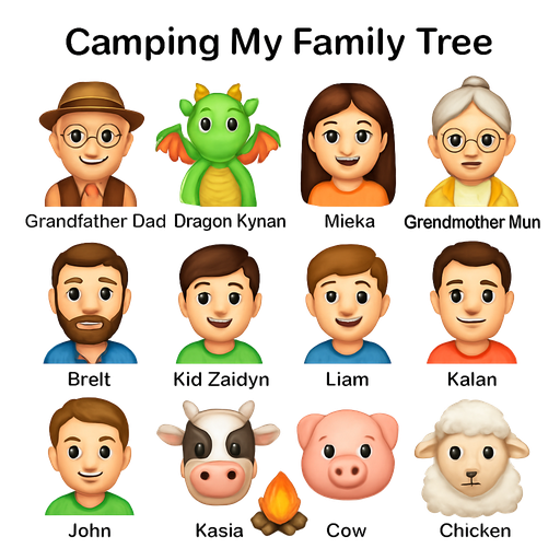 “Grandfather Dad, Dragon Kynan, Mieka, Grandmother Mum, Brett, Kid Zaidyn, Liam, Kalan, John, Kasia”, “Camping My Family Tree” “Cow, Pigs, Sheep, and Chicken”