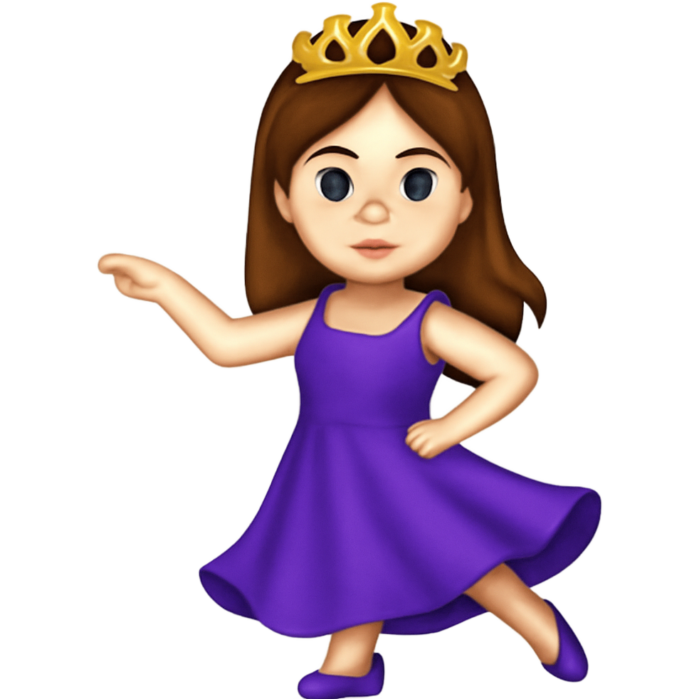 A emoji dancer with her eyes open and a tiara on head because she is a pretty princess 👸with white skin and look like a real girl and the dress is going to be purple and hair color is brown