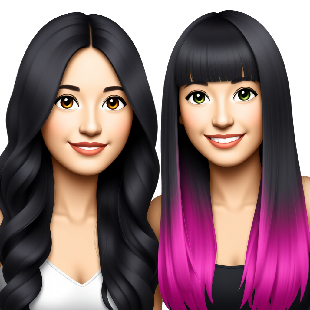Two friends, one with long black wavy hair without bangs, brown eyes, and the other with straight bangs, half-black half-fuchsia short hair, fuchsia on the ends, black eyes, and both smiling.